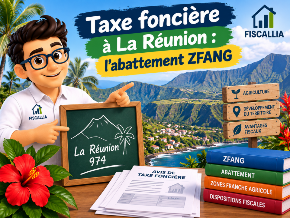 Illustration Fiscallia consacrée à l’abattement ZFANG applicable à la taxe foncière à La Réunion (974), avec la mascotte Fiscallia présentant le dispositif fiscal sur fond de paysage réunionnais.