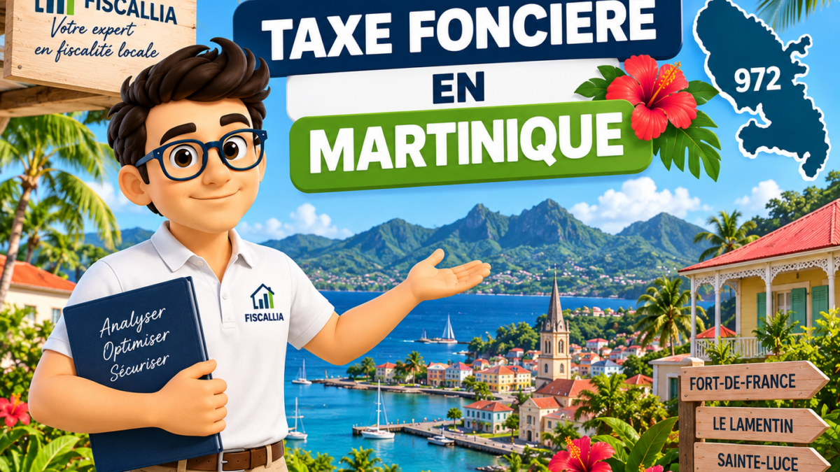 Illustration Fiscallia consacrée à la taxe foncière en Martinique (972), avec la mascotte Fiscallia présentant la fiscalité foncière sur fond de paysage martiniquais.