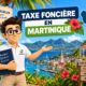 Illustration Fiscallia consacrée à la taxe foncière en Martinique (972), avec la mascotte Fiscallia présentant la fiscalité foncière sur fond de paysage martiniquais.