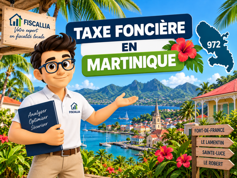 Illustration Fiscallia consacrée à la taxe foncière en Martinique (972), avec la mascotte Fiscallia présentant la fiscalité foncière sur fond de paysage martiniquais.