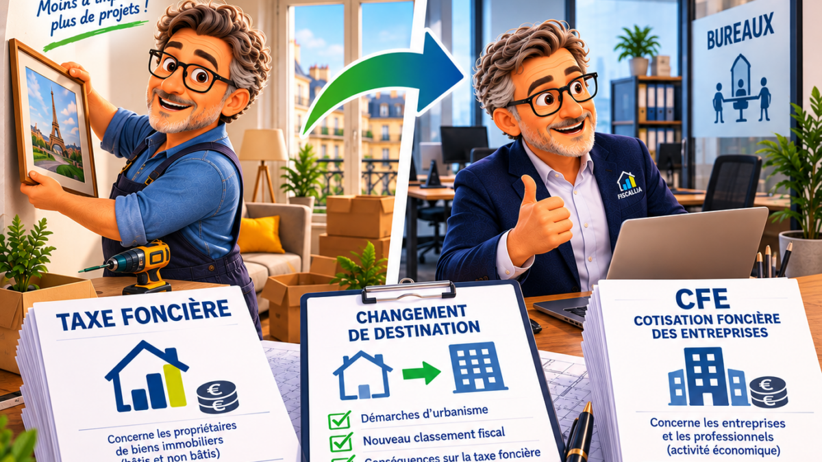 Illustration Fiscallia montrant la transformation d’un appartement en bureaux et les conséquences du changement de destination sur la taxe foncière, la valeur locative cadastrale et la CFE.