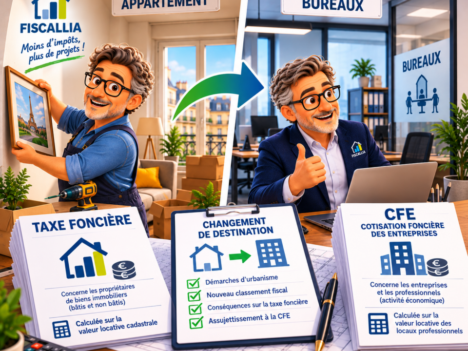 Illustration Fiscallia montrant la transformation d’un appartement en bureaux et les conséquences du changement de destination sur la taxe foncière, la valeur locative cadastrale et la CFE.