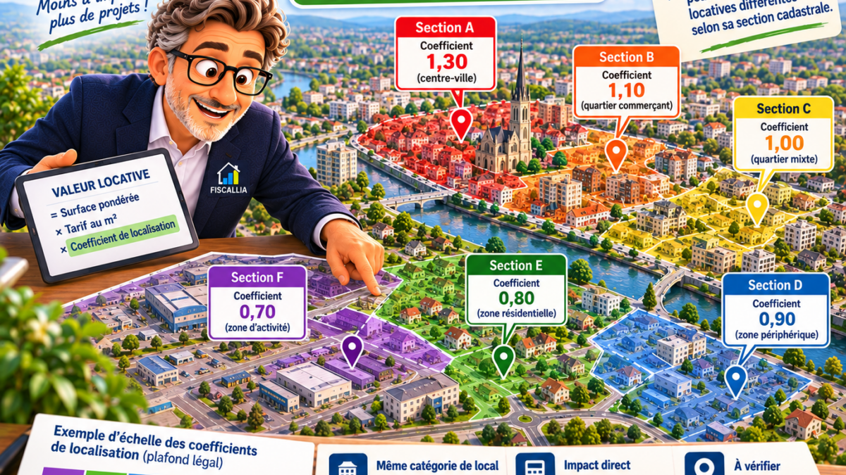 Illustration Fiscallia montrant l’impact du coefficient de localisation sur la valeur locative, avec une ville divisée en différentes sections cadastrales et des coefficients variant de 0,70 à 1,30.