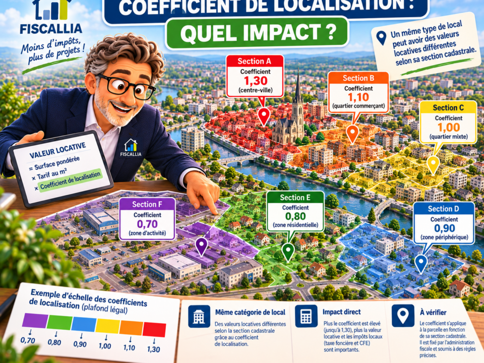 Illustration Fiscallia montrant l’impact du coefficient de localisation sur la valeur locative, avec une ville divisée en différentes sections cadastrales et des coefficients variant de 0,70 à 1,30.