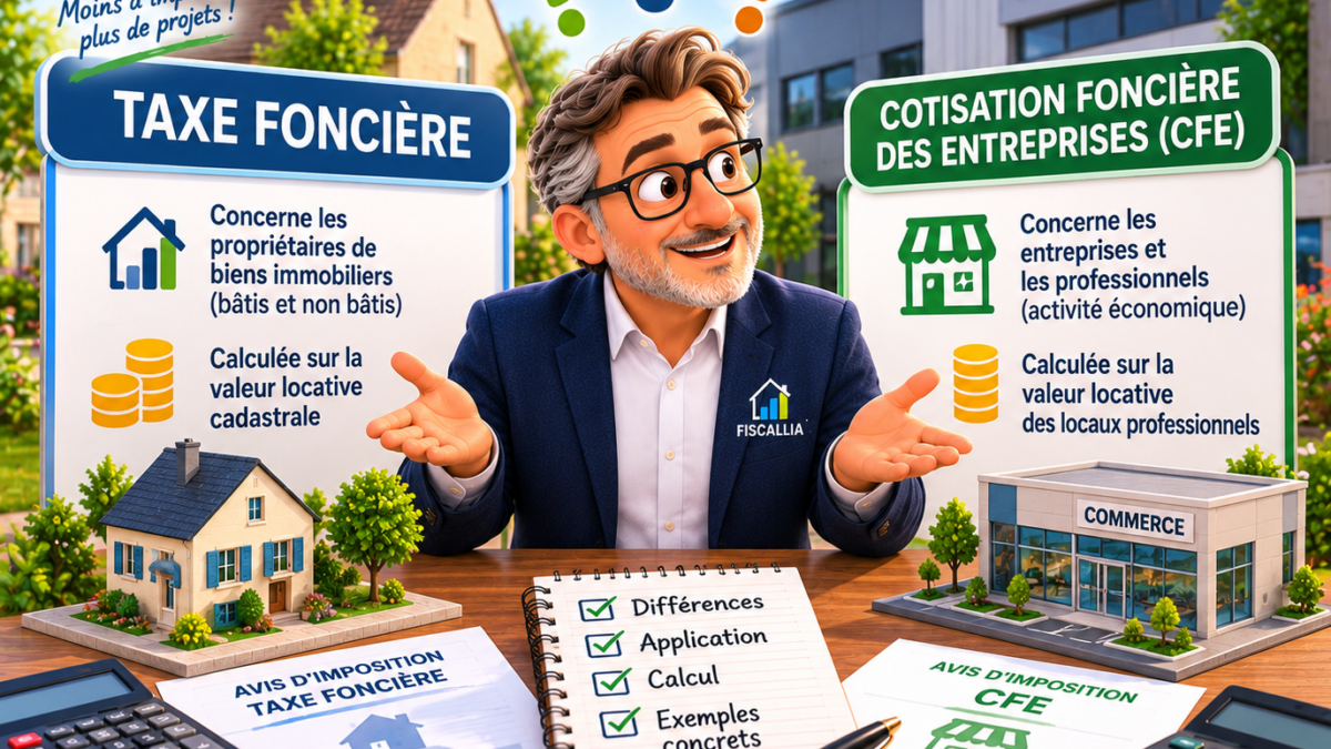 Illustration Fiscallia comparant la taxe foncière et la cotisation foncière des entreprises (CFE), leurs redevables, leur application et les principes de calcul fondés sur la valeur locative.