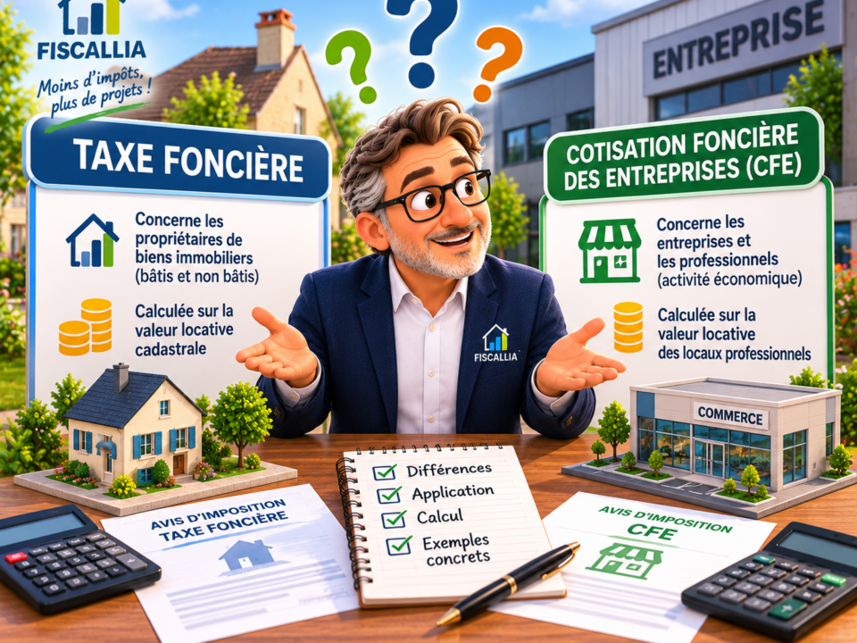 Illustration Fiscallia comparant la taxe foncière et la cotisation foncière des entreprises (CFE), leurs redevables, leur application et les principes de calcul fondés sur la valeur locative.