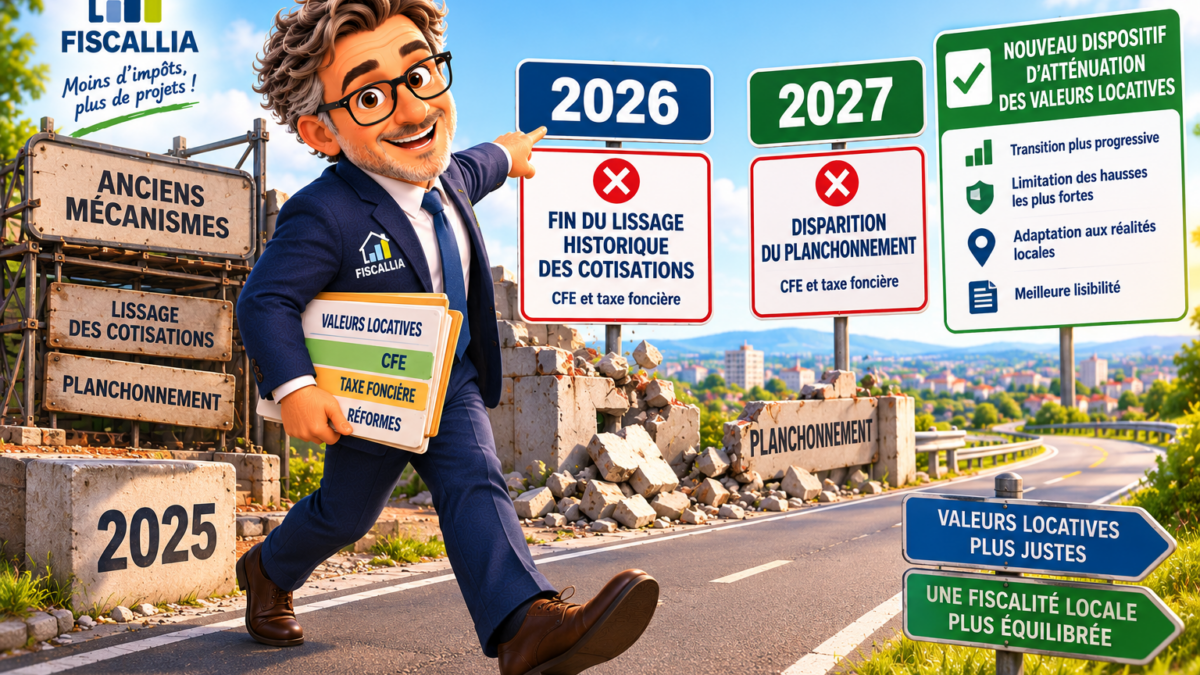 Illustration Fiscallia présentant l'évolution de la fiscalité locale avec la fin du lissage des cotisations en 2026, la disparition prévue du planchonnement en 2027 et l'introduction d'un nouveau dispositif d'atténuation des valeurs locatives des locaux professionnels.