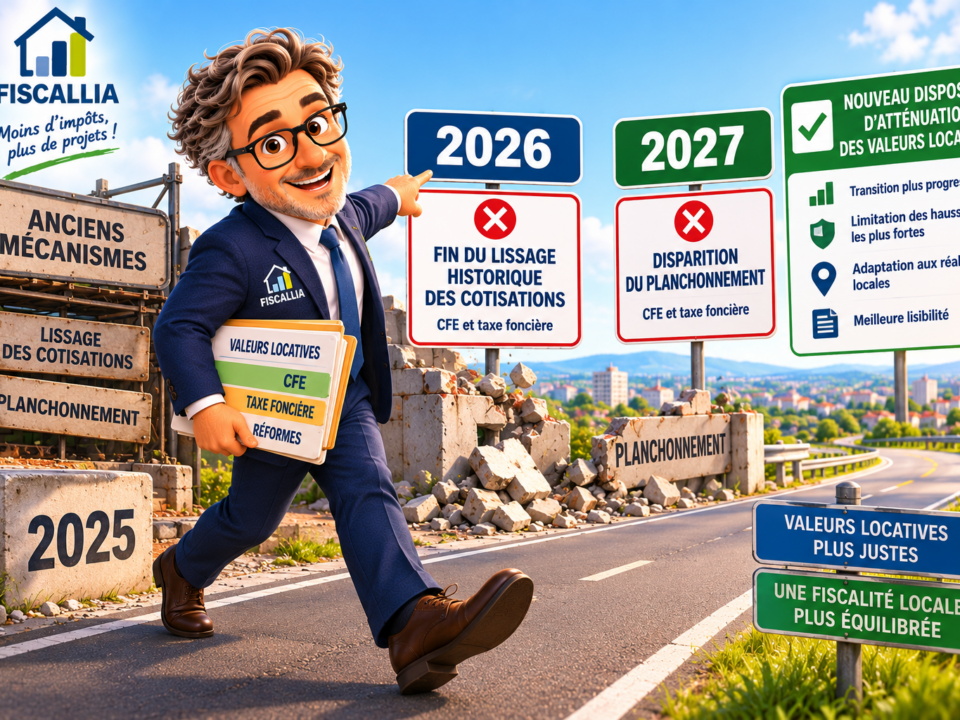 Illustration Fiscallia présentant l'évolution de la fiscalité locale avec la fin du lissage des cotisations en 2026, la disparition prévue du planchonnement en 2027 et l'introduction d'un nouveau dispositif d'atténuation des valeurs locatives des locaux professionnels.