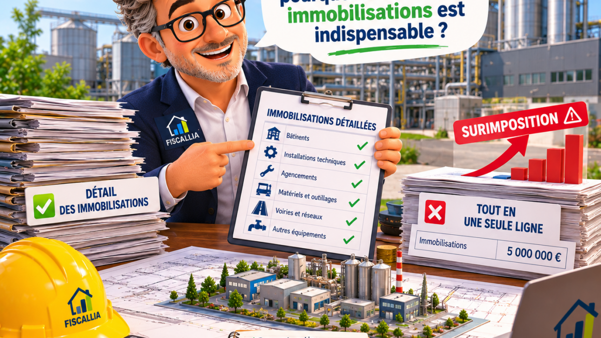 Illustration Fiscallia sur la valeur locative d’un site industriel, montrant pourquoi le détail des immobilisations, constructions, installations techniques et agencements est indispensable pour éviter une surimposition de taxe foncière et de CFE.