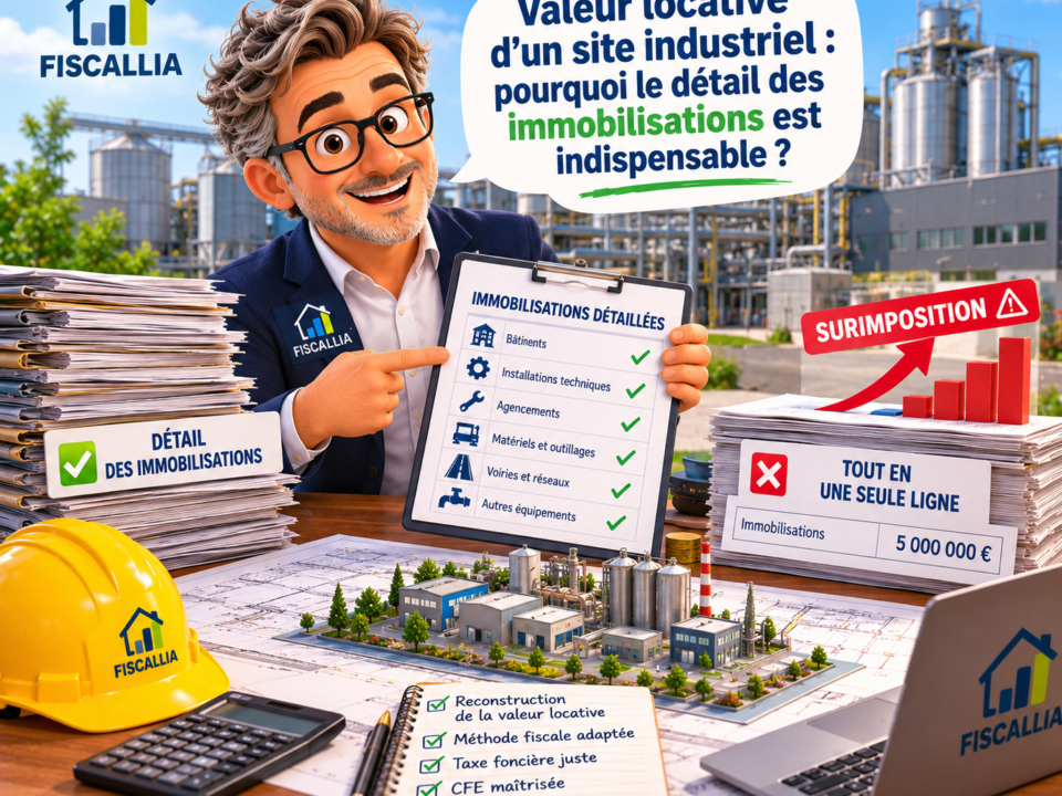 Illustration Fiscallia sur la valeur locative d’un site industriel, montrant pourquoi le détail des immobilisations, constructions, installations techniques et agencements est indispensable pour éviter une surimposition de taxe foncière et de CFE.
